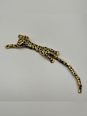 Gold Tone Leopard Cheetah Black Enamel Articulated Shoulder Brooch Pin